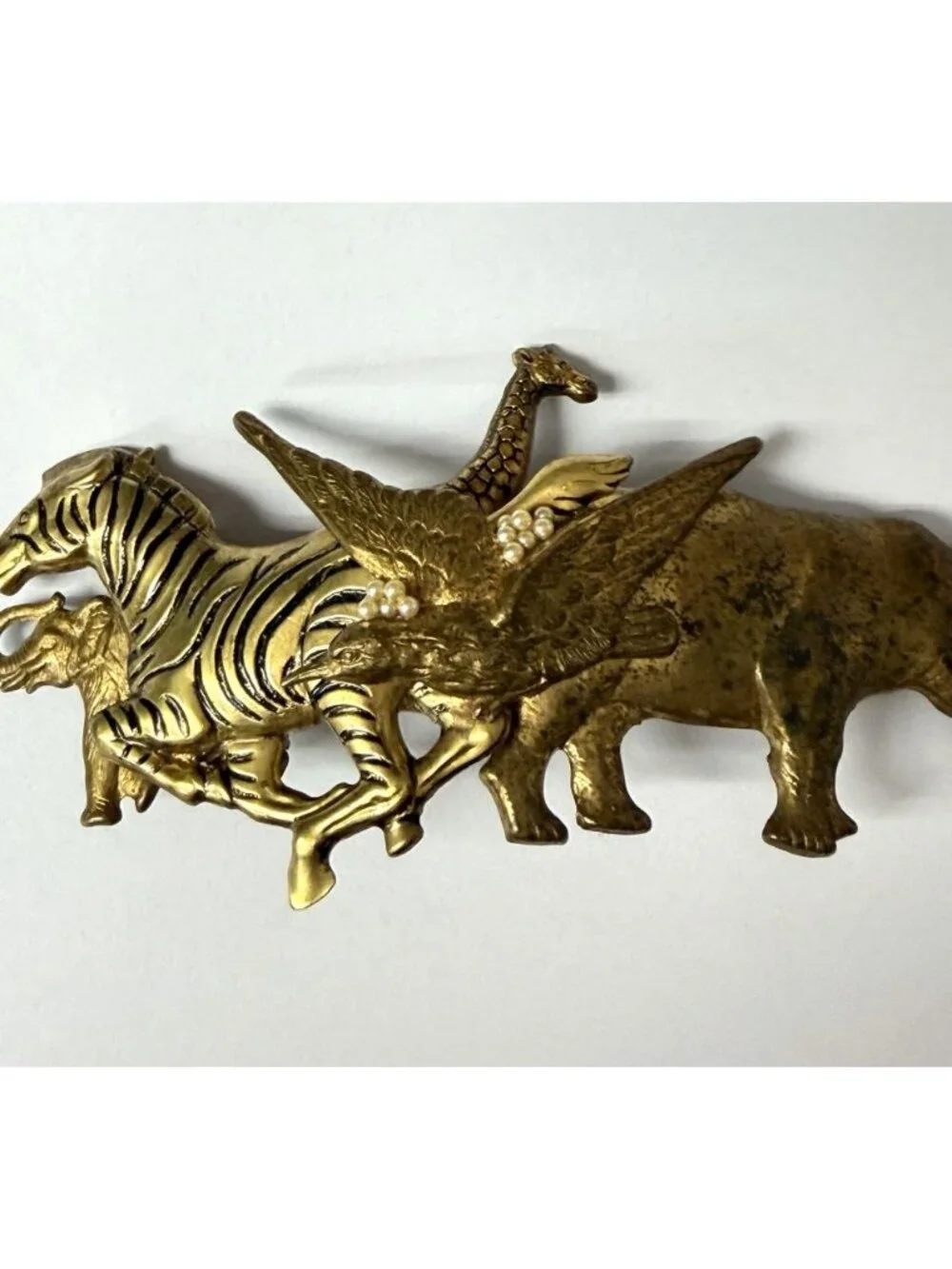 Stampede Safari Hair Clip 5” Barrette Brass Made in France Rhino Zebra Elephant